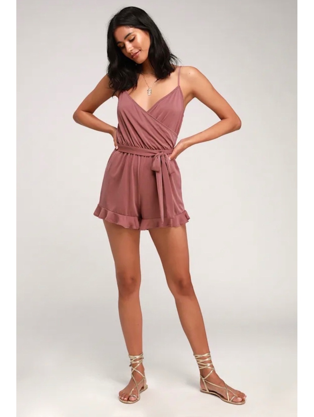 Lulus Katelyn Rusty Rose Ruffled Surplice Romper XS NWT Tie Waist